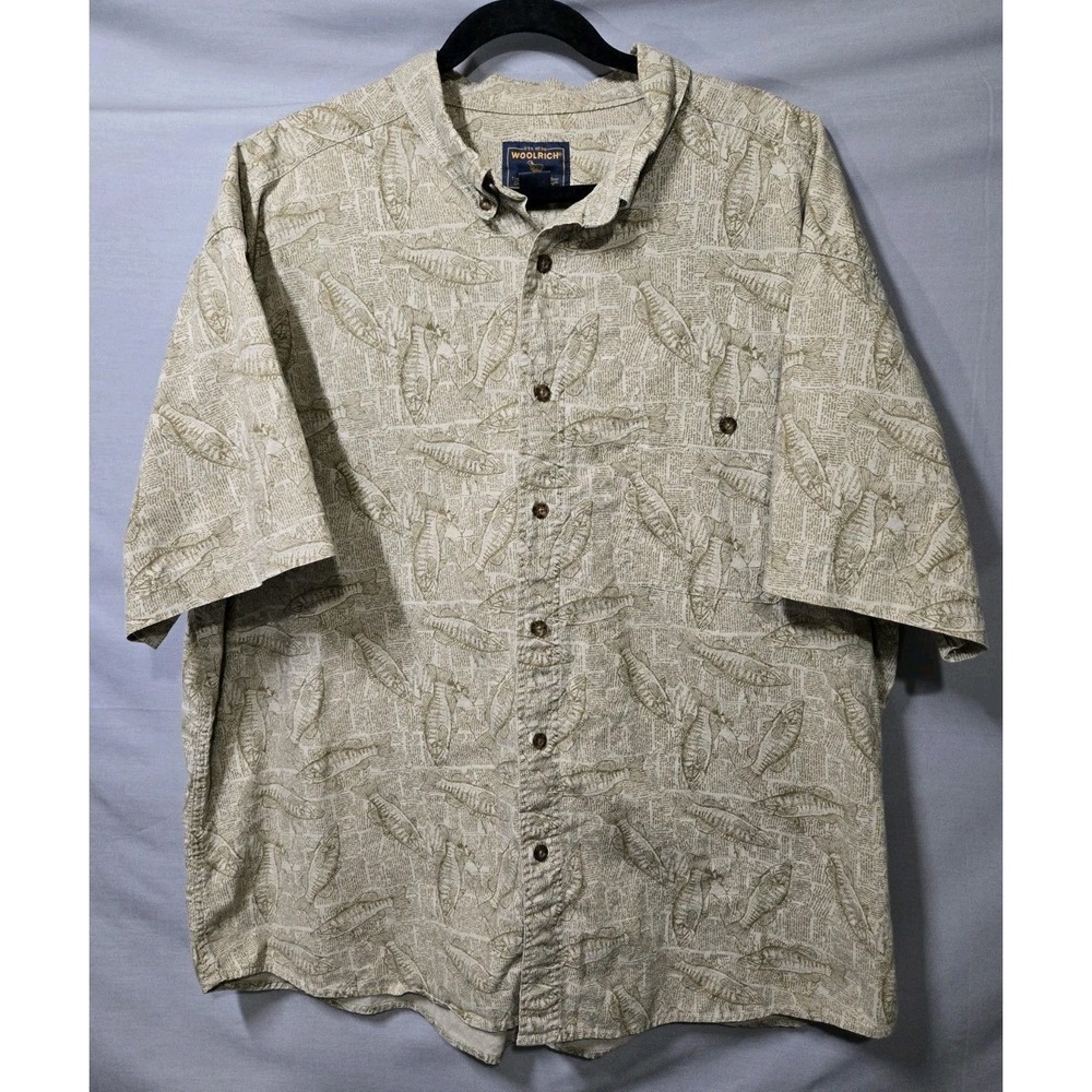 Woolrich Mens 2XL Khaki Newspaper Bass Fish Print Short Sleeve Button Down Shirt